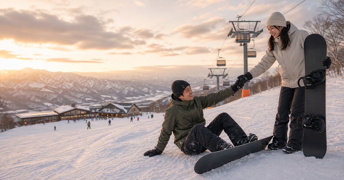 ゲレンデで会った25歳と一緒に滑って転んで→雪山の夜→お持…