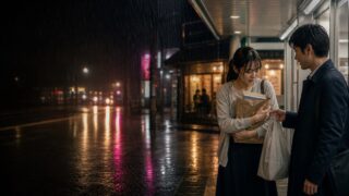 【雨宿りの出会い】ゲリラ豪雨の軒下で隣り合った25歳と、傘がない夜のアイキャッチ画像