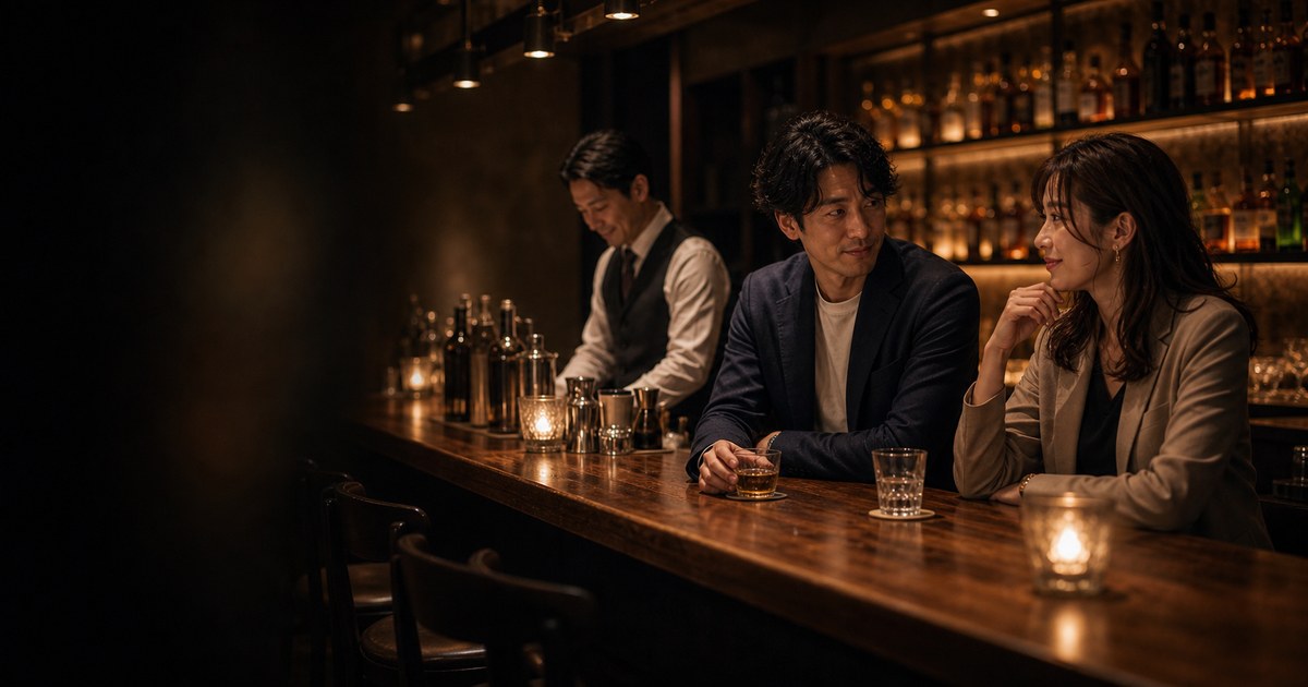 静かなオーセンティックバーで一人飲みの30歳と、大人の会話…