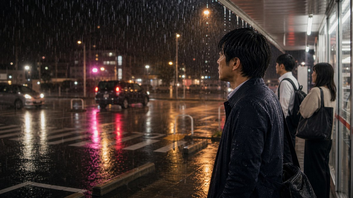 ゲリラ豪雨に撃ち落とされた。傘なし、19時、コンビニの軒下の要点を表す画像