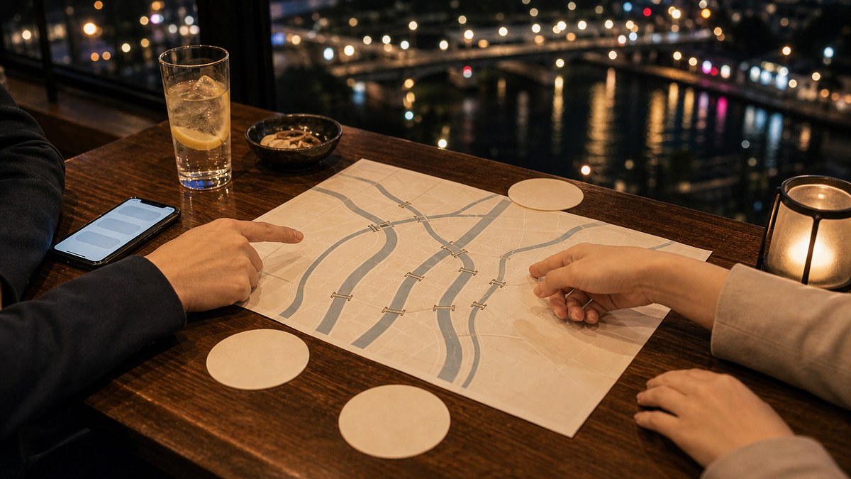 六本の川が街を切る｜どの島で飲むか早見表の要点を表す画像