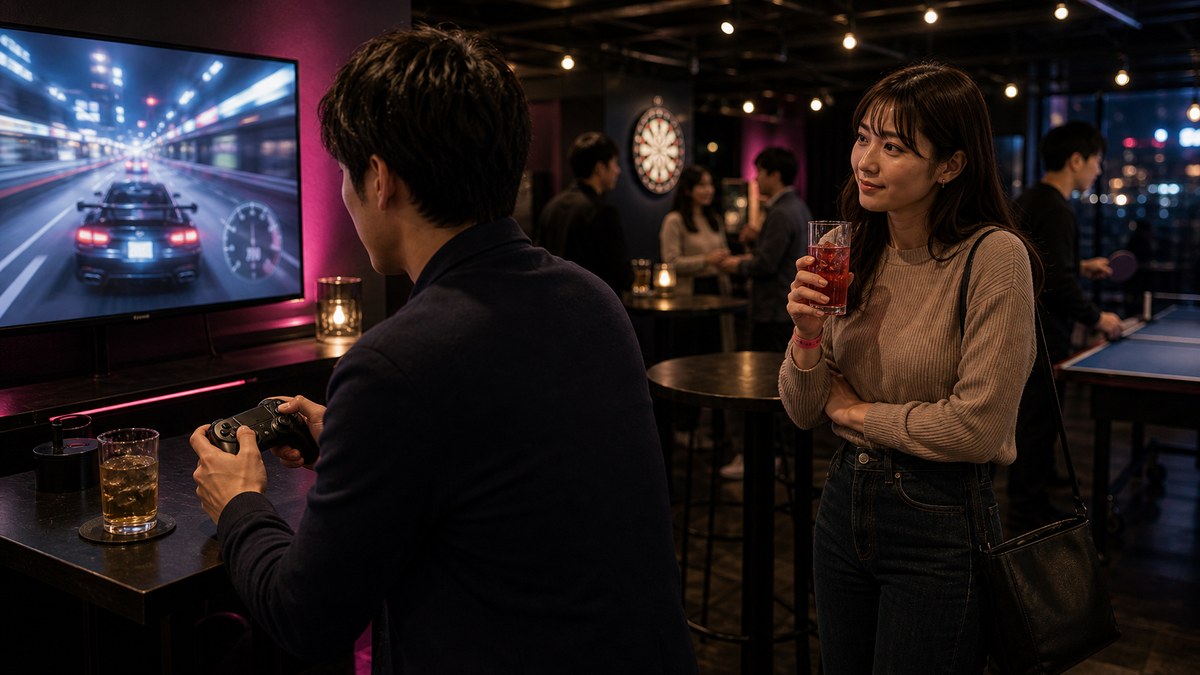 一人で入店。レースゲーの台で、隣から対戦を申し込まれたの要点を表す画像