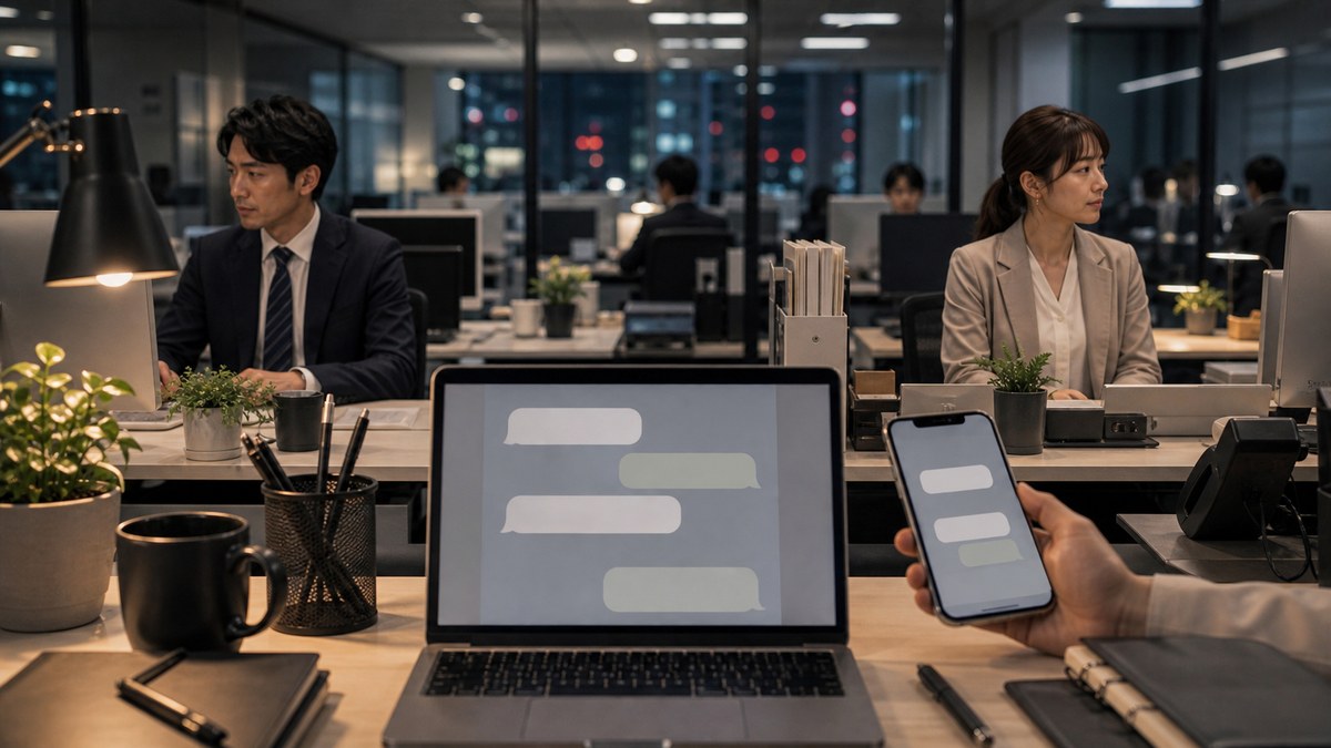社内では他人のフリ。でもチャットだけ、ちょっとだけ続いたの要点を表す画像
