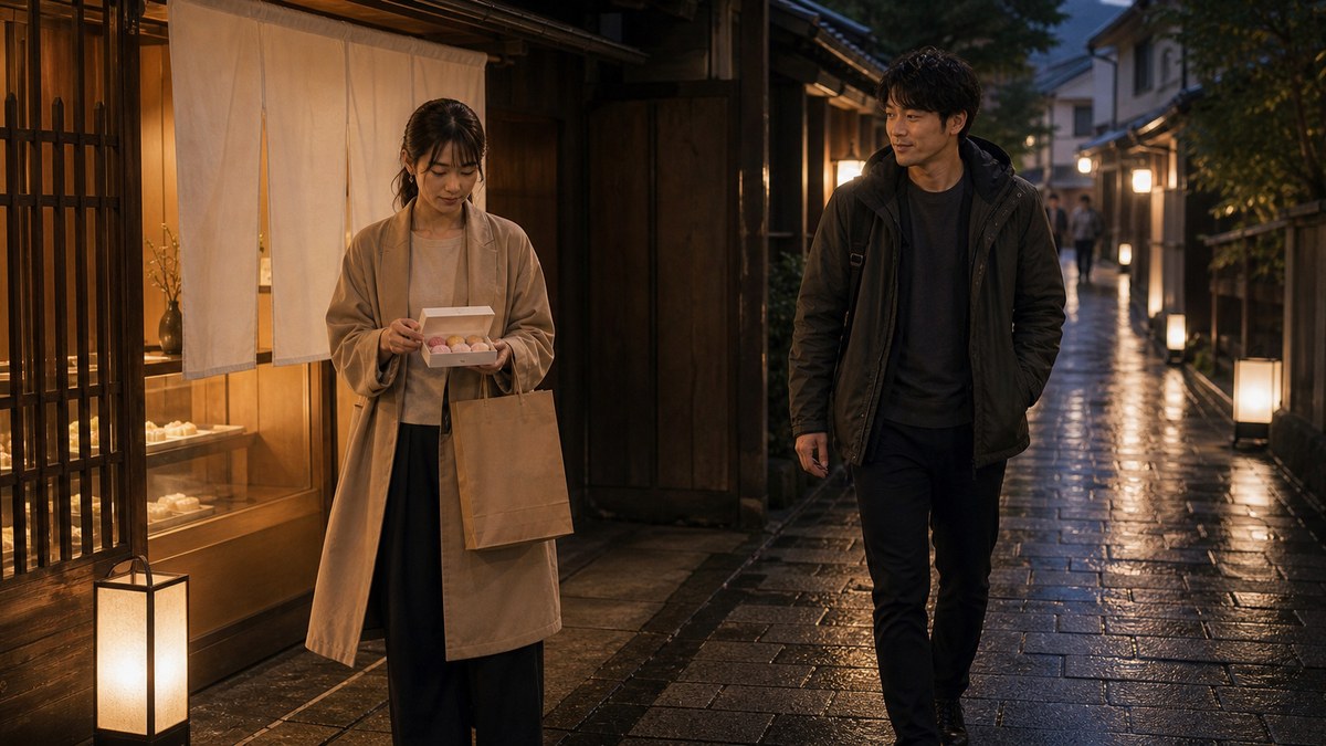 路地の和菓子屋の前で、すれ違いざまに一言だけの要点を表す画像