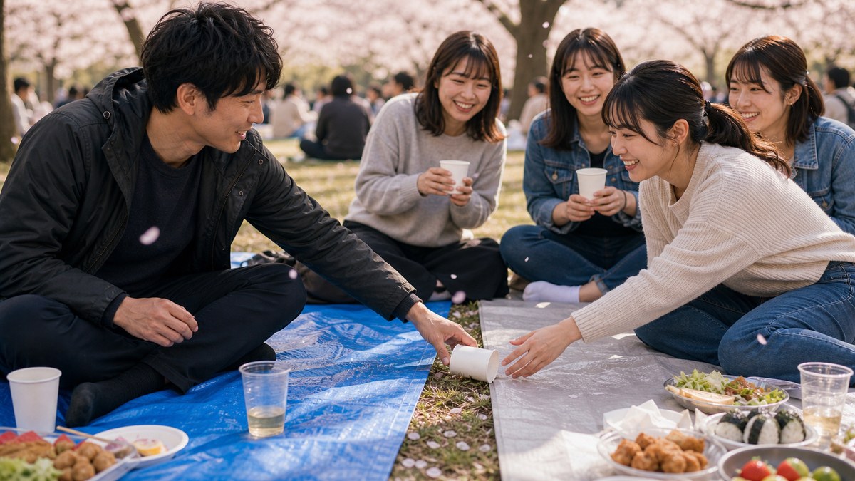 桜の名所の公園、隣のシートが女の子グループだったの要点を表す画像