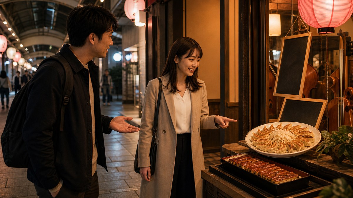 有楽街の夜。餃子の店を覗いてた、地元っ子の要点を表す画像