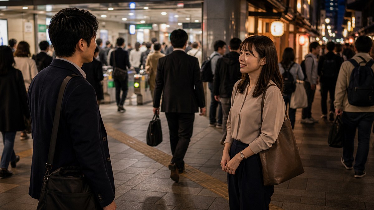 平日19時半、職場から二駅ずらした待ち合わせの要点を表す画像