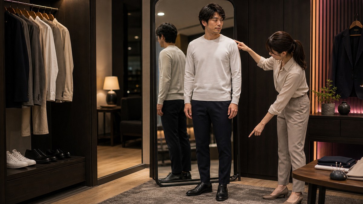 外さない型①：私服の8割は「サイズ感」で決まるの要点を表す画像