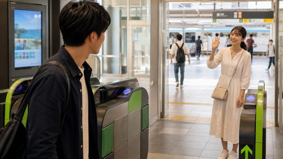 当日。改札前で、案の定リコは反対側にいたの要点を表す画像