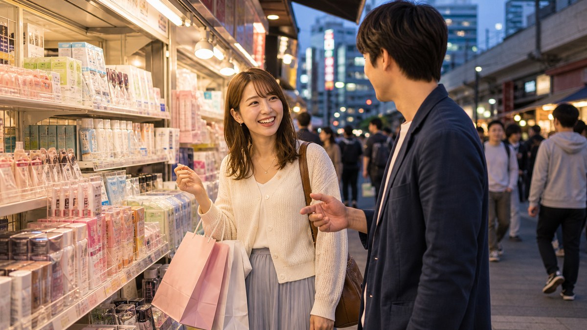 アメ横の出口あたりで、買い物帰りのモモにヒットの要点を表す画像