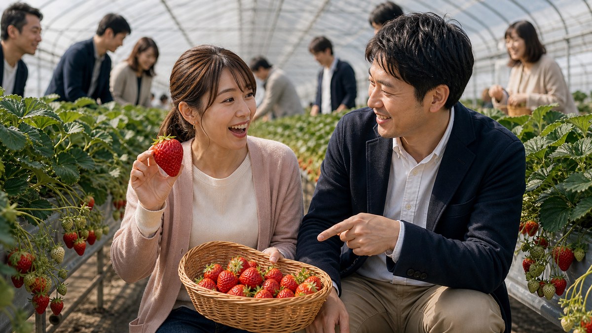 いちご狩りで、ミドリの天然が全開になるの要点を表す画像