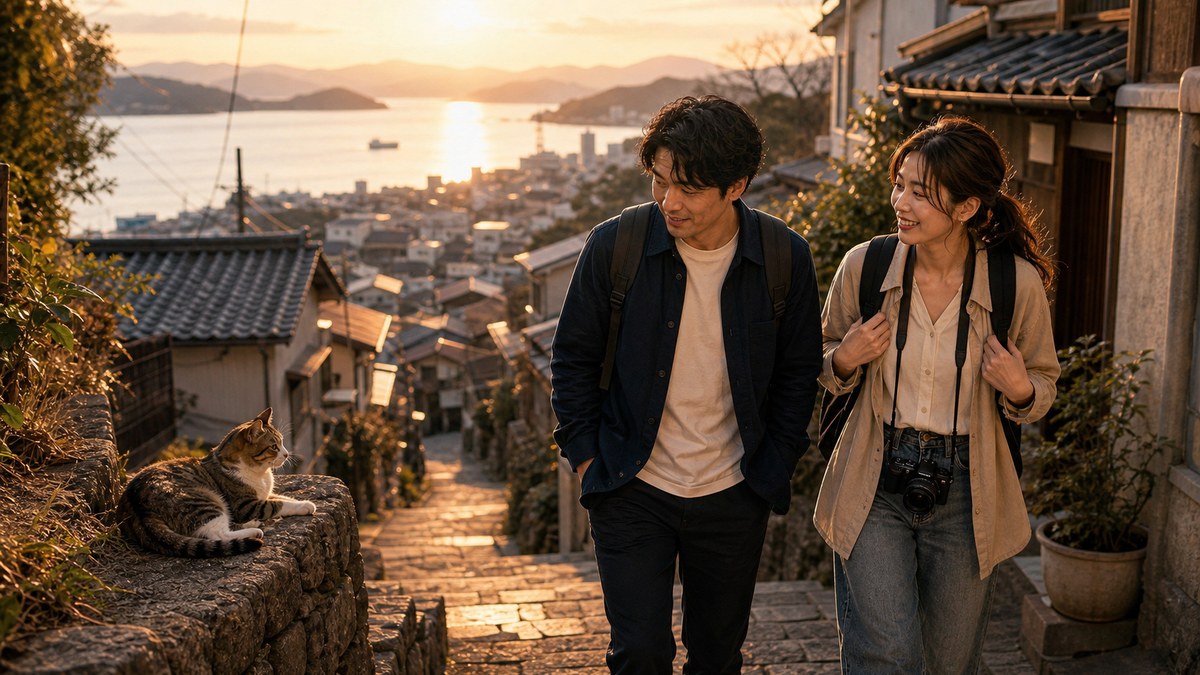 夕方の坂と路地を、流れで一緒に歩いたの要点を表す画像