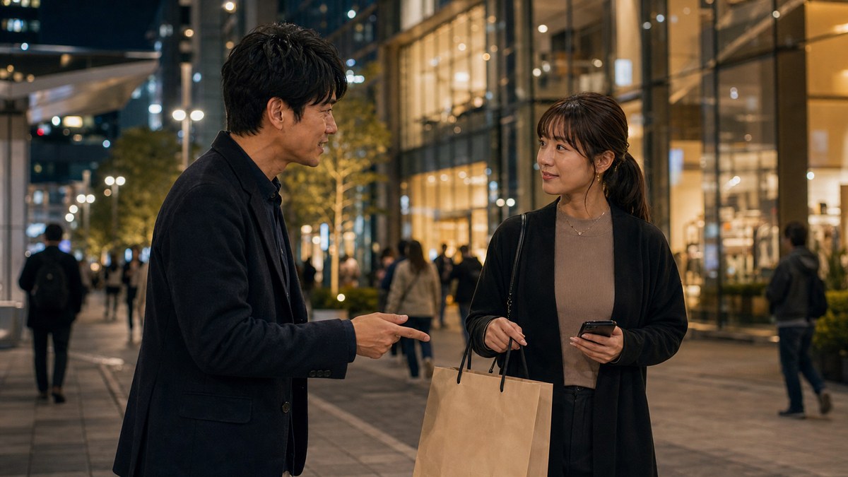 栄の夜。アパレル帰りの、華やかなのに目が冷静な子の要点を表す画像