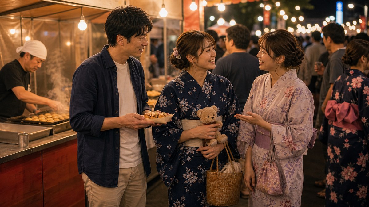 たこ焼きの屋台で再会、なんとなく一緒に回る流れにの要点を表す画像