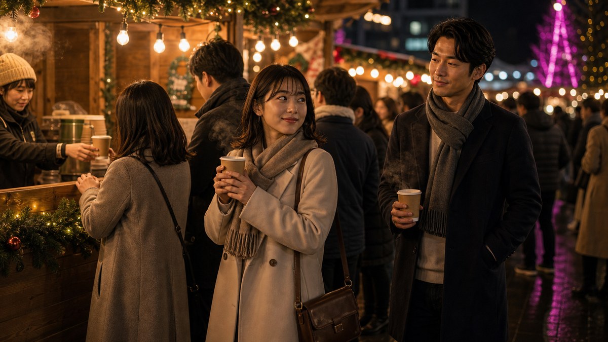 クリスマスマーケットのホットワインの列で、ミウと再会するの要点を表す画像