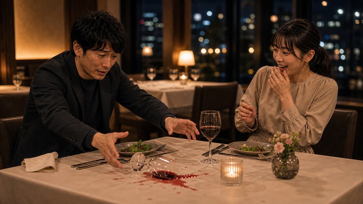 とどめのやらかし。緊張のあまり、グラスをぶちまけるの要点を表す画像