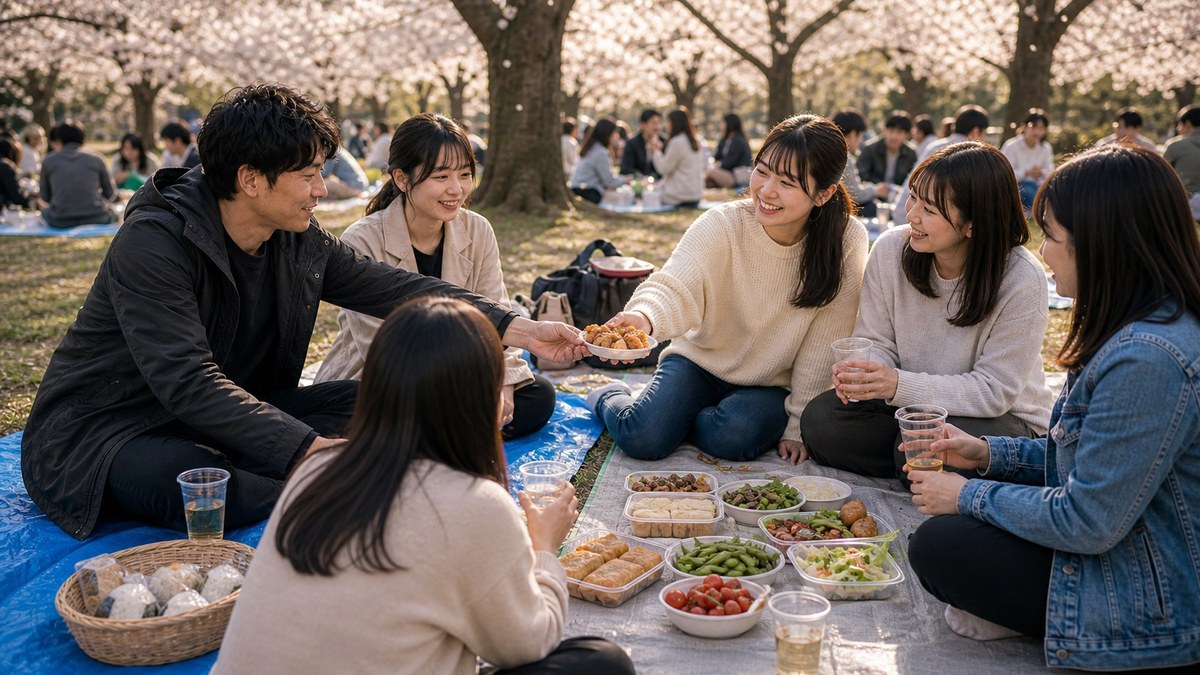 シートが隣同士、花見酒とつまみの貸し借りで自然に混ざるの要点を表す画像
