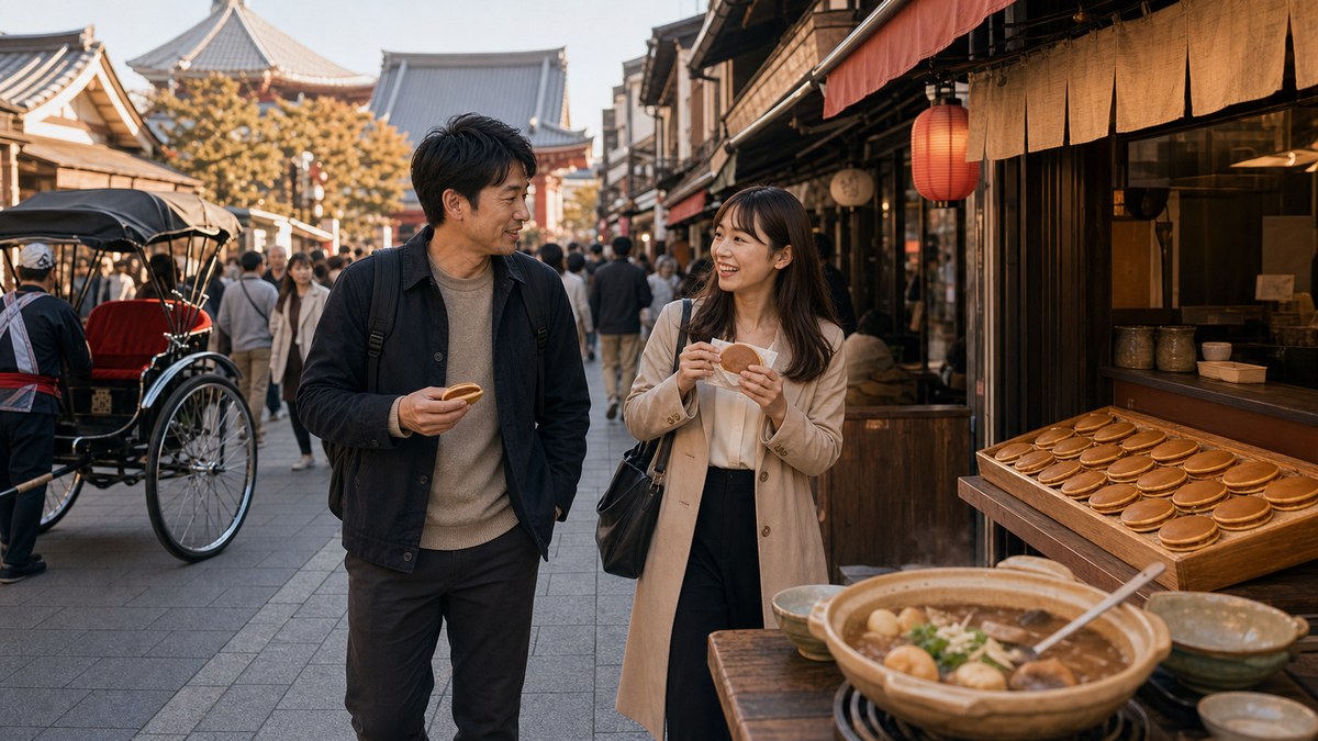 仲見世をだらだら歩いて、どぜうとどら焼きの要点を表す画像