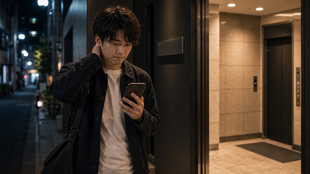予約完了→当日。雑居ビルの前でソワソワする俺の要点を表す画像