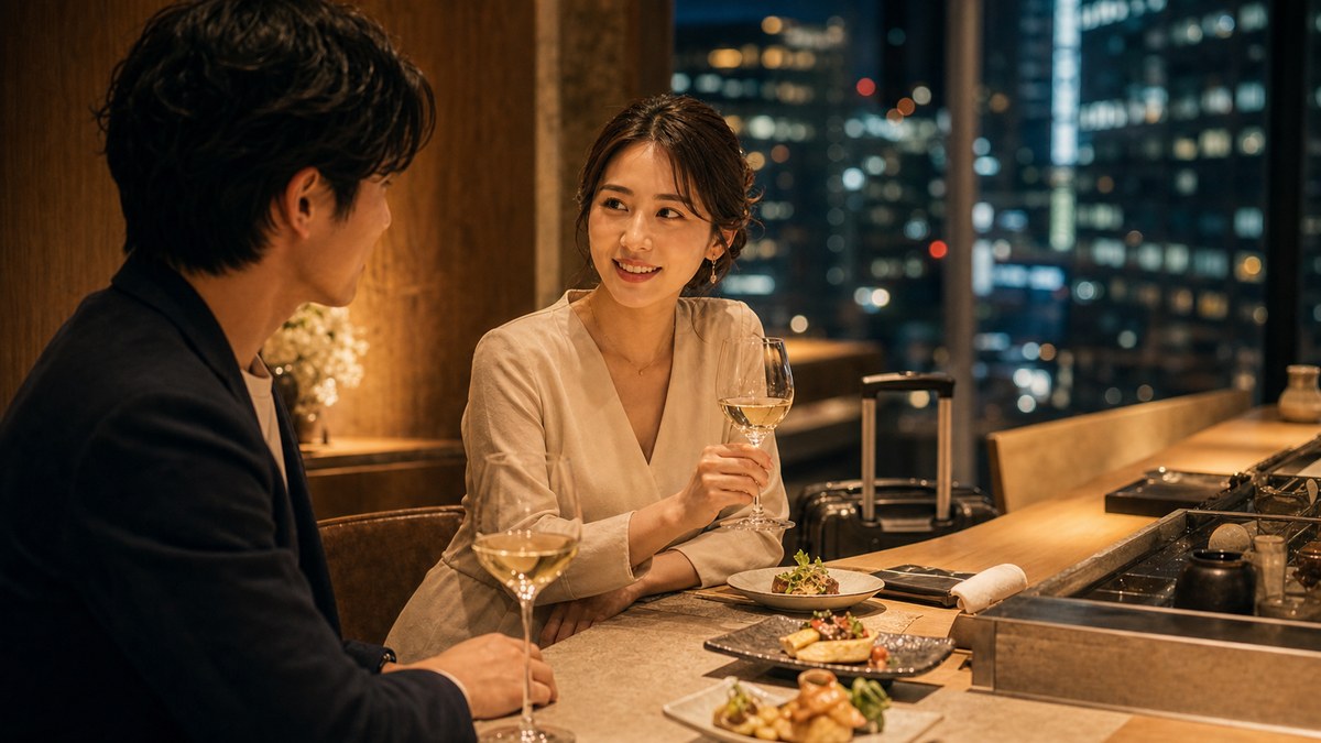 当日。空港帰りのレイと、銀座のカウンターでの要点を表す画像
