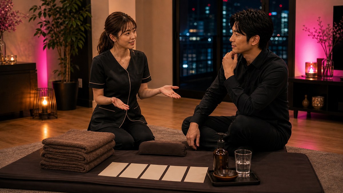 施術の流れと、ミウとの会話の要点を表す画像