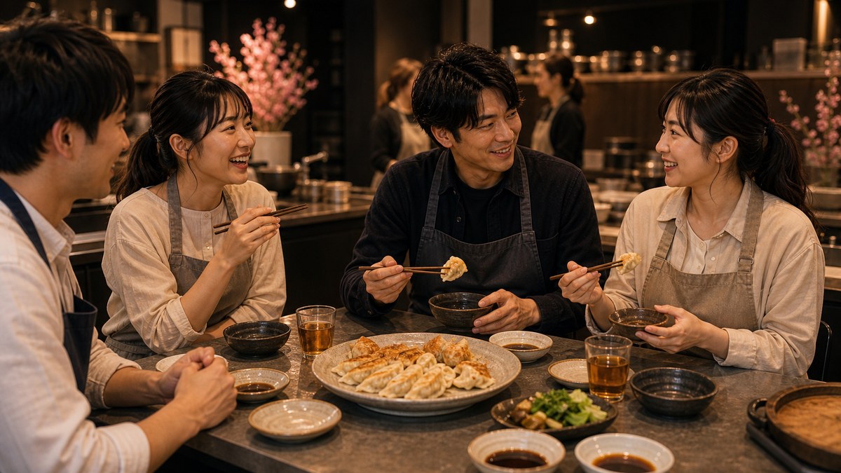 できた餃子を班でシェア。一緒に食べると一気に砕けるの要点を表す画像
