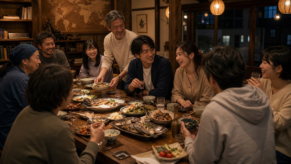 夜の宴会で、ゲストハウスの距離が一気に縮まったの要点を表す画像