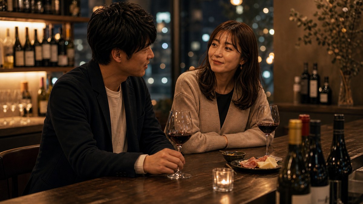 静かなワインバーで、距離がゆっくり近づいたの要点を表す画像