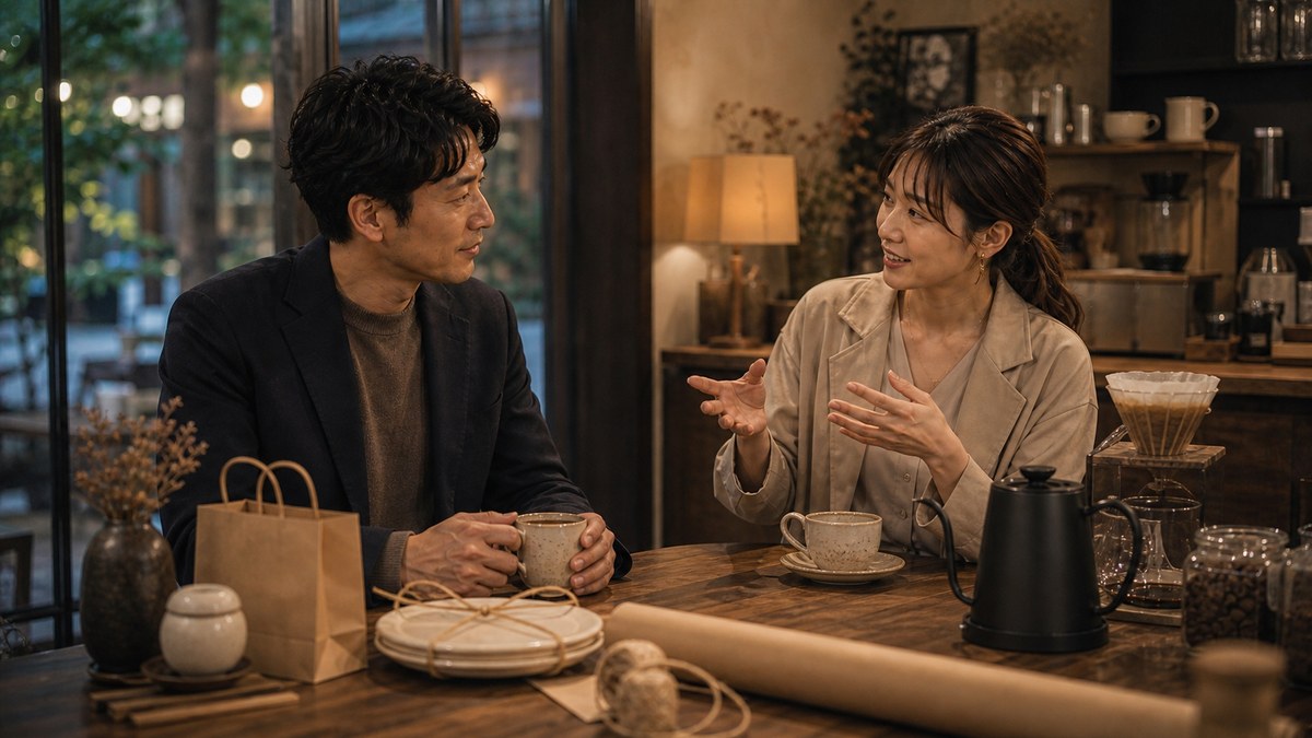喫茶店で、専門の話から「素のマユ」が出てくるの要点を表す画像