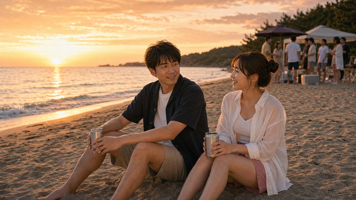 夕方の砂浜で、二人だけの時間になるの要点を表す画像