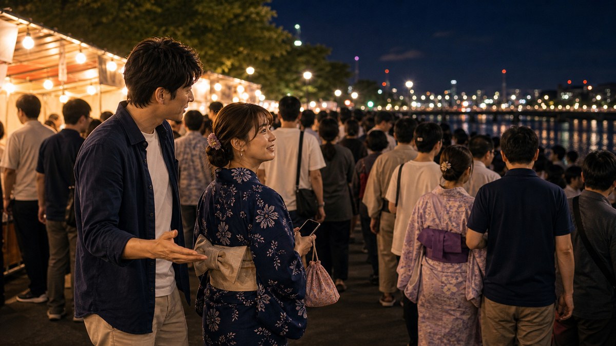 人混みではぐれて、気づいたら二人になっていたの要点を表す画像