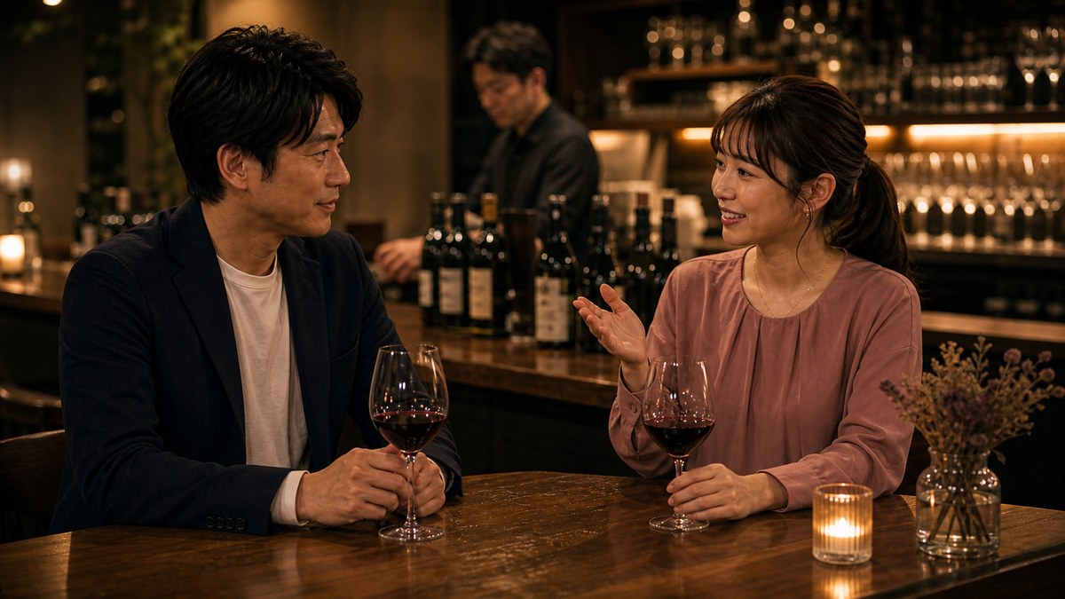 二次会のワインバーで、肩の力が抜けてくるの要点を表す画像