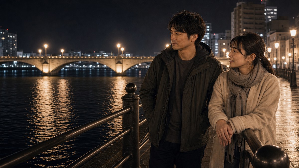 信濃川の夜風。萬代橋で、少しだけ口が緩んだの要点を表す画像
