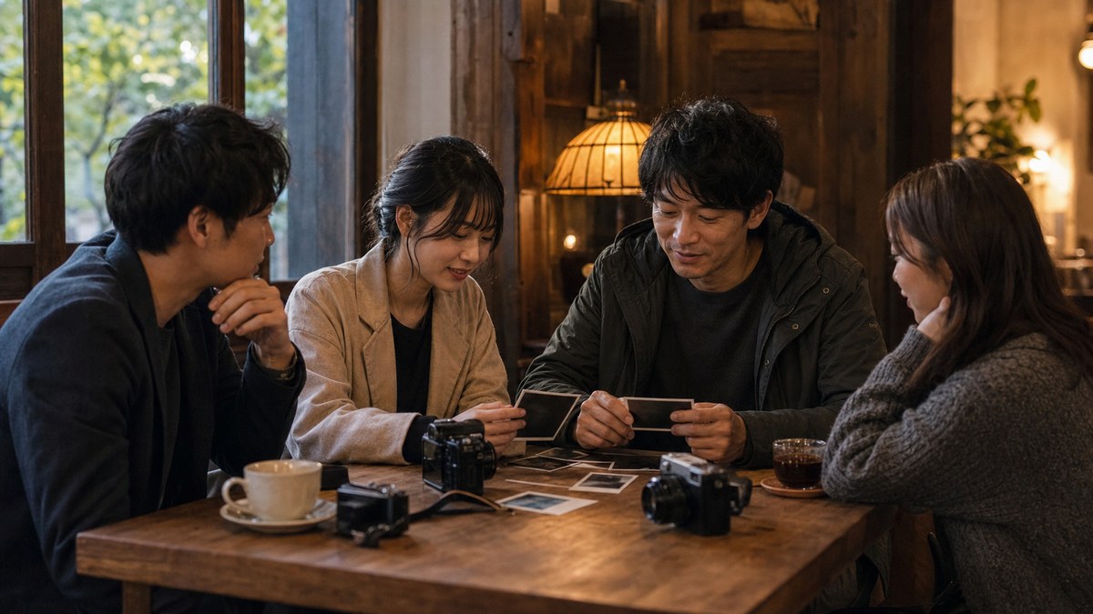 カフェで写真を見せ合う。一枚ずつに、その人の話がついてくるの要点を表す画像