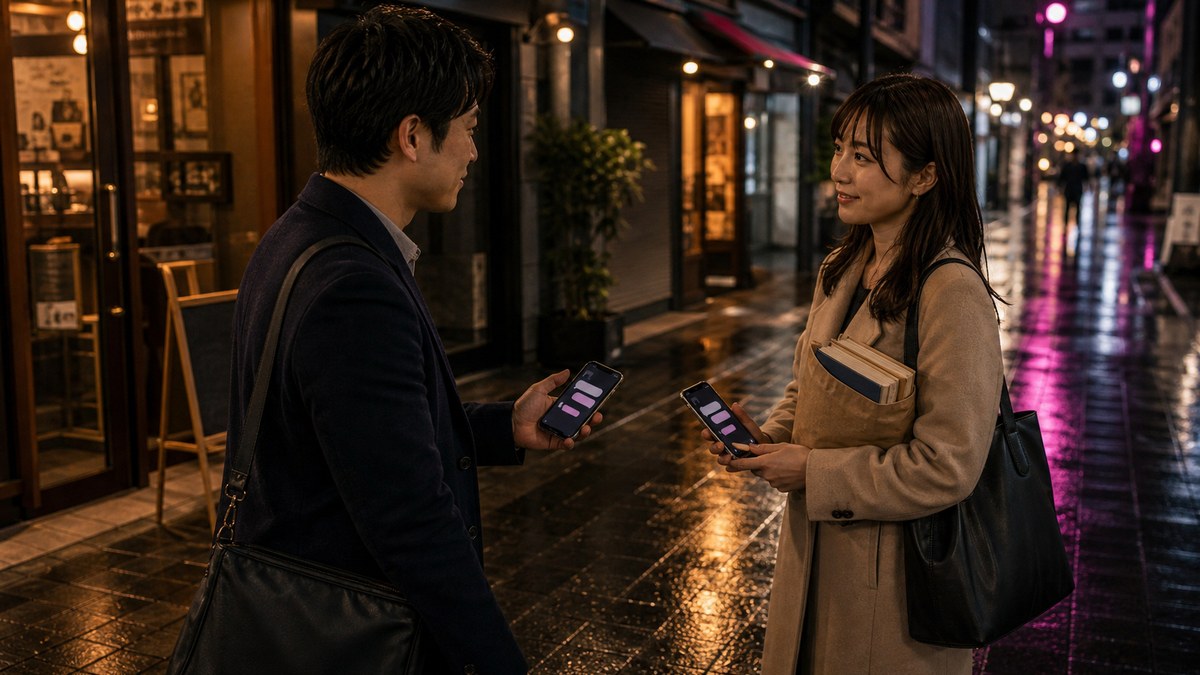 雨上がりの商店街、「本の続き」と連絡先の要点を表す画像