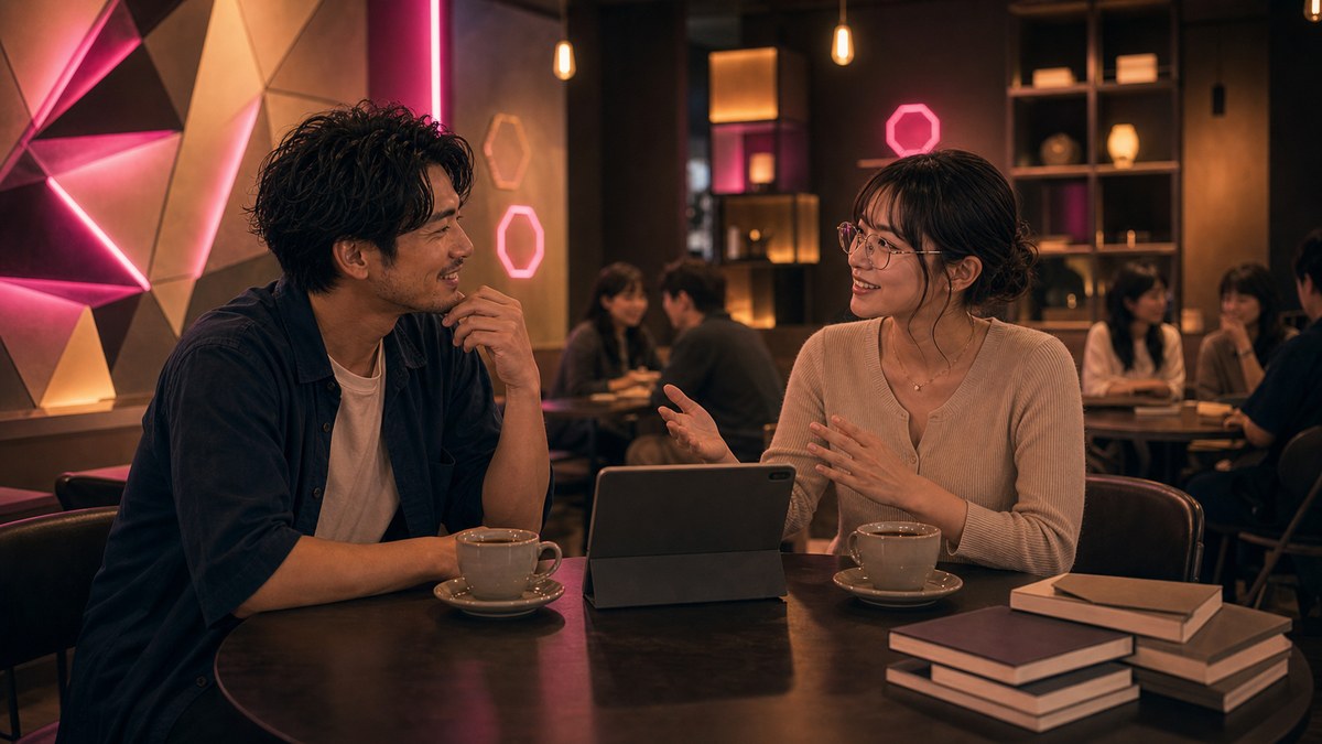 後日、作品の聖地っぽいカフェでアフター。そのままいい雰囲気にの要点を表す画像