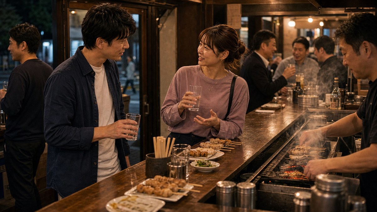 二軒目の串で距離が詰まって、いい雰囲気にの要点を表す画像