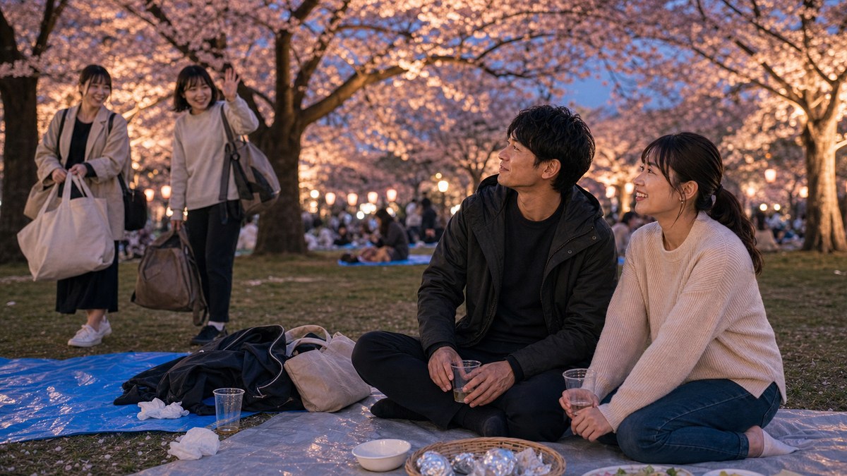 夕方、友達が抜けて、夜桜のライトアップが始まるの要点を表す画像