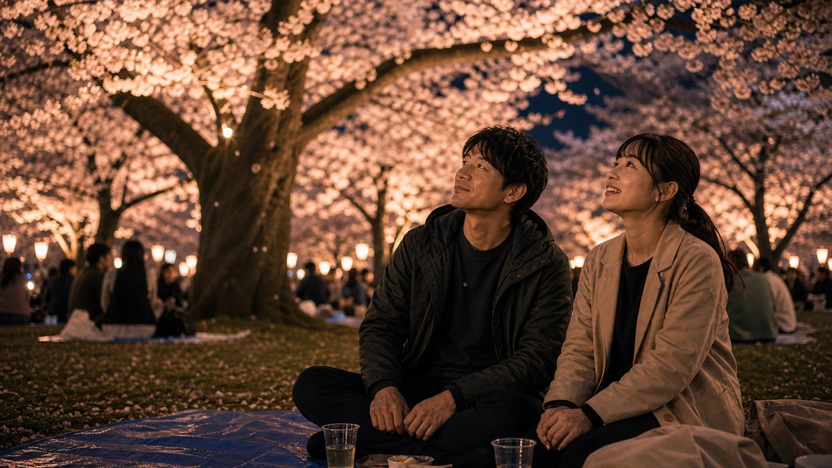 夜桜の下で、二人だけの時間になるの要点を表す画像
