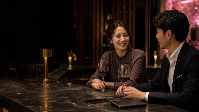 銀座の夜景を背にワインバーで語らう30代男女とスマホ―paters本音レビュー