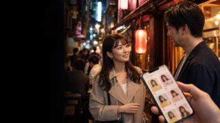 夜の横丁でプロフィール掲示板を見ながら会う男女―イククル評判レビュー