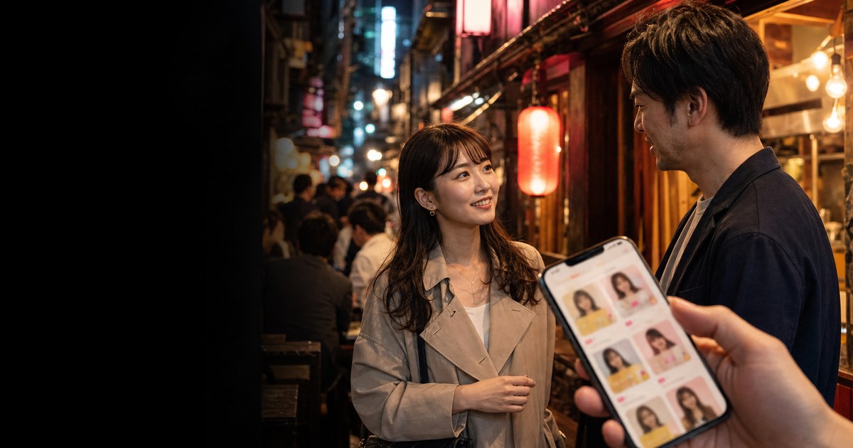 夜の横丁でプロフィール掲示板を見ながら会う男女―イククル評判レビュー