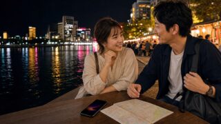 中洲の夜景を背に会う旅行者と女性―Jメール評判レビュー
