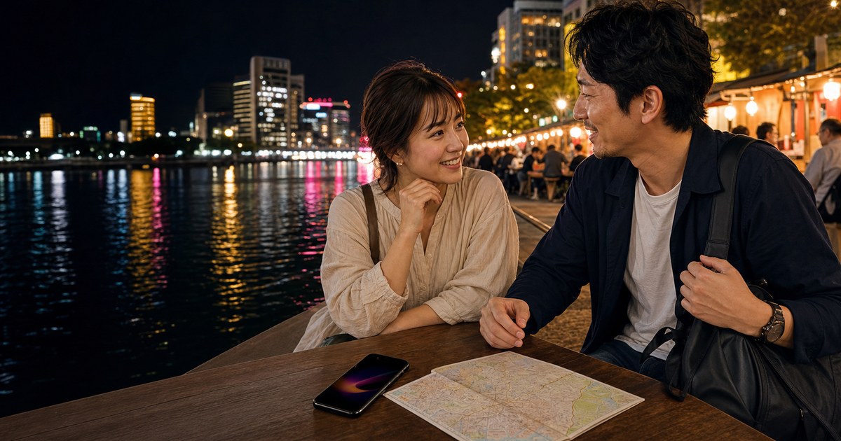 中洲の夜景を背に会う旅行者と女性―Jメール評判レビュー
