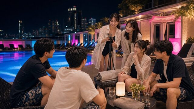 【ナイトプールの出会い】夏の夜のホテルプールで隣のデッキになった25歳とライト越しにのアイキャッチ画像