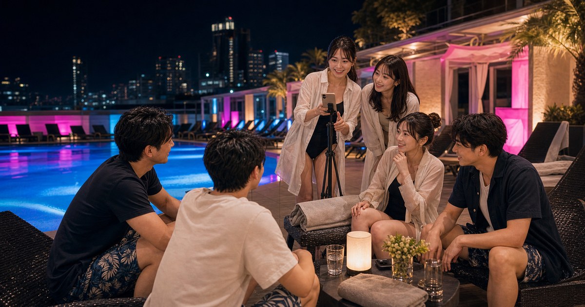 夏の夜のホテルプールで隣のデッキになった25歳とライト越しに