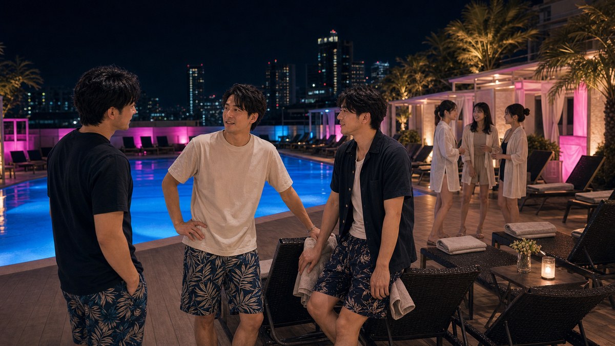 男3人でナイトプールに来てしまったの要点を表す画像