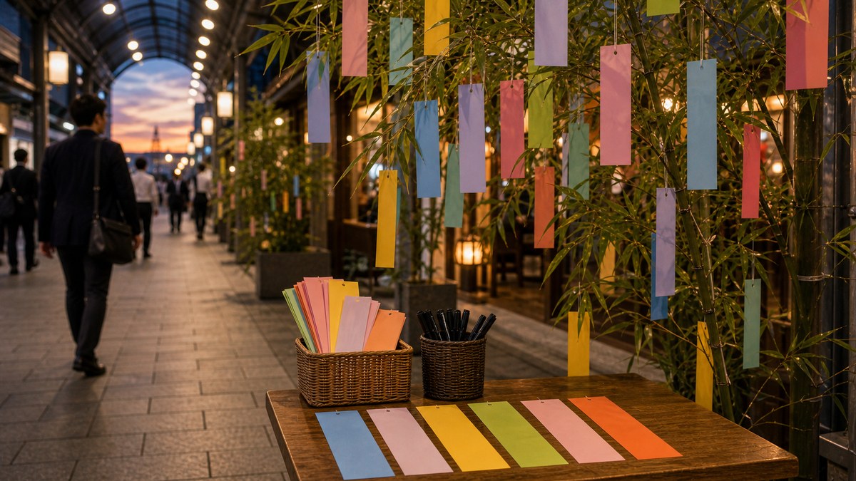7月7日の商店街、笹の下に短冊を書ける台があったの要点を表す画像