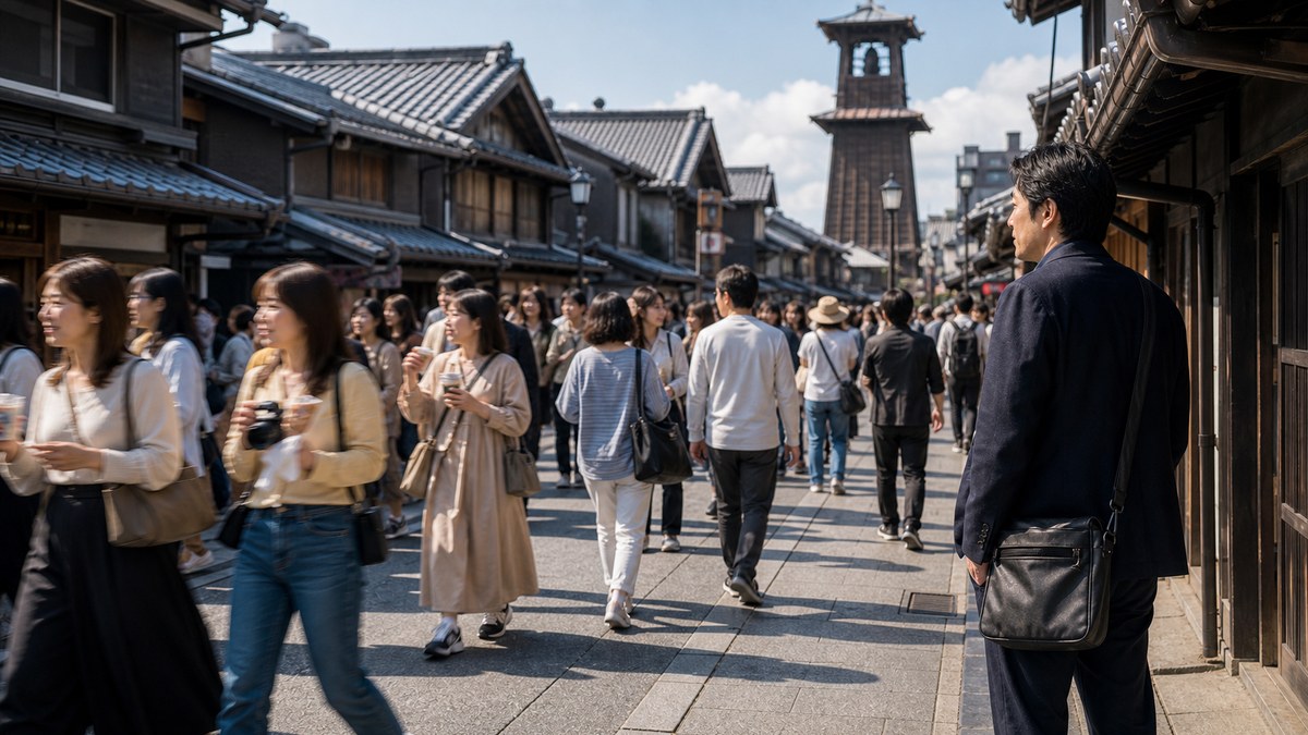 蔵造りの町並みは、人は多いのに声がかけられないの要点を表す画像