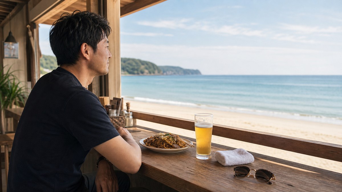 真っ昼間、一人で海の家のカウンターに座るの要点を表す画像